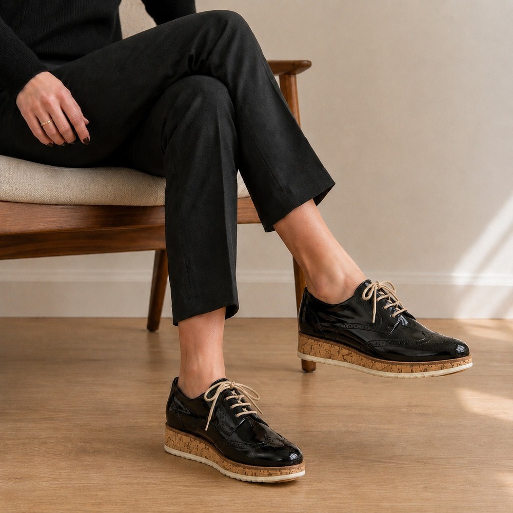 Paul Green Dandy Patent Leather Oxford Shoes Womens US 9 UK 6.5 Cork Platform
